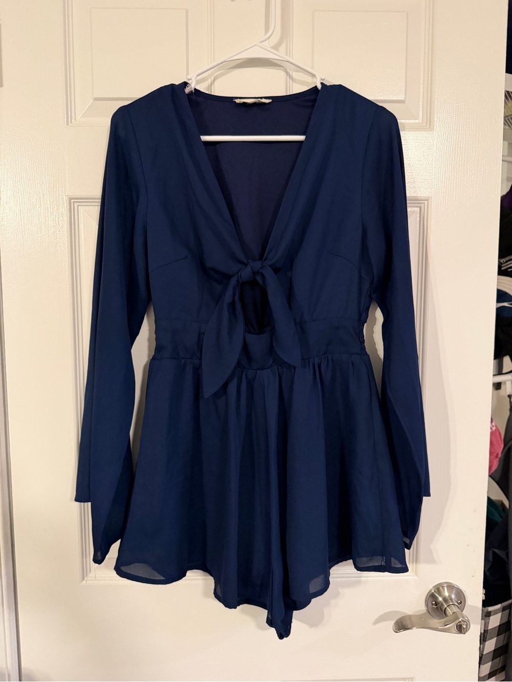Altar'd State Navy Long-Sleeve Tie-Front Romper